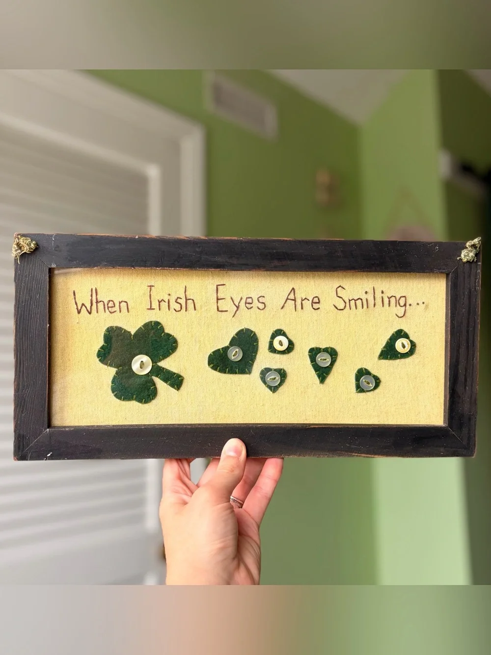 Whimsical Irish Shamrock Wall Art Stitched And Framed Green on Cream
